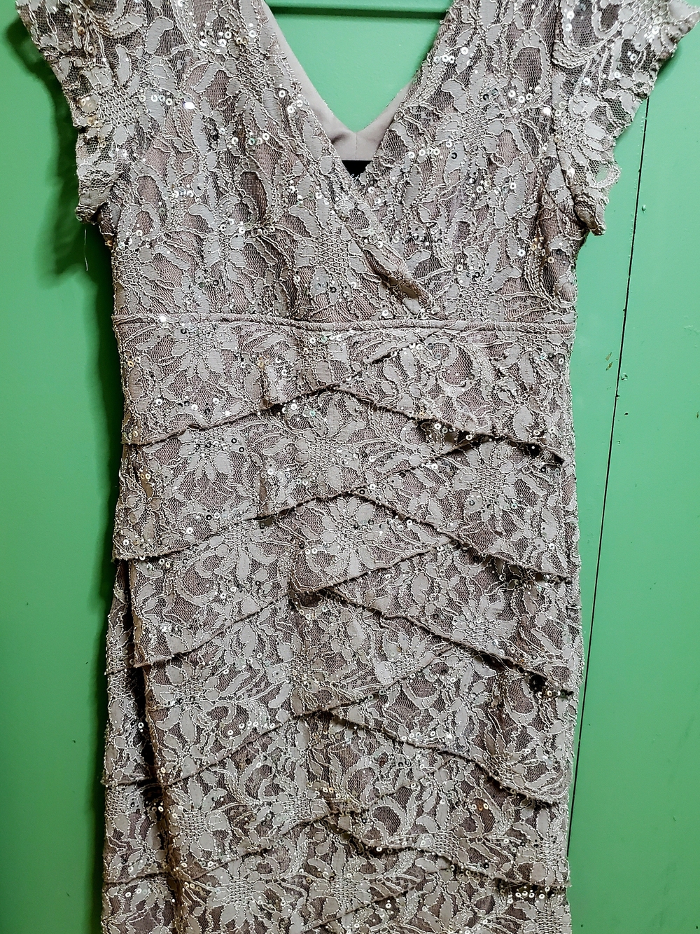 Scarlett Nite Taupe Sequin Lace Tiered V-Neck Dress